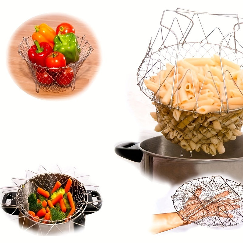 1pc; Frying Basket; Stainless Steel Frying Basket; Kitchen Foldable Steam Rinse Strain; Household Fry Basket Strainer; Kitchen Cooking Tool For Fried Food