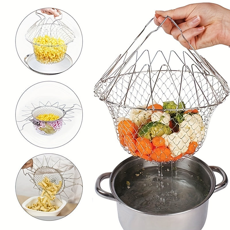 1pc; Frying Basket; Stainless Steel Frying Basket; Kitchen Foldable Steam Rinse Strain; Household Fry Basket Strainer; Kitchen Cooking Tool For Fried Food