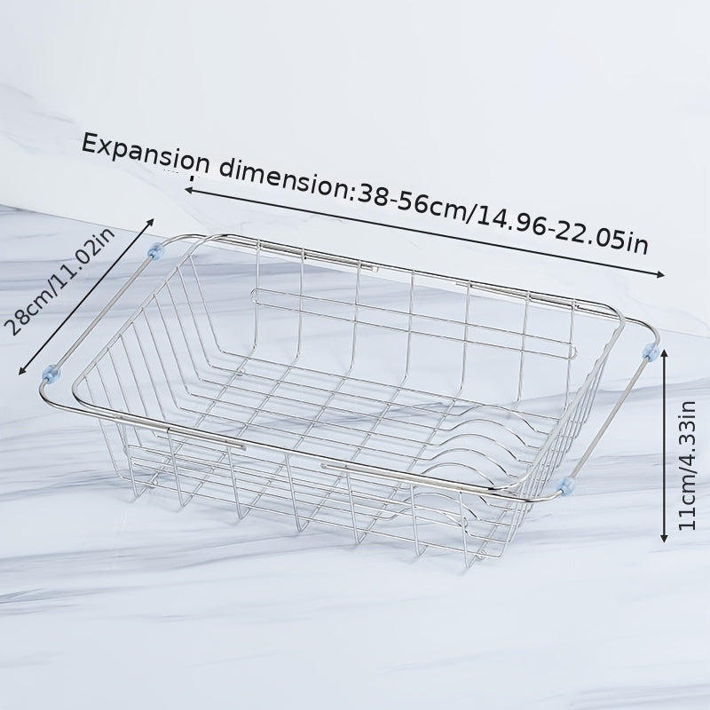 1pc Drain Rack; Drain Basket; Stainless Steel Kitchen Basket; Home Utensil Holder; Sink Basket; Retractable Sink Rack Suitable For Rectangular Sink Bowl Plate Organizer Storage