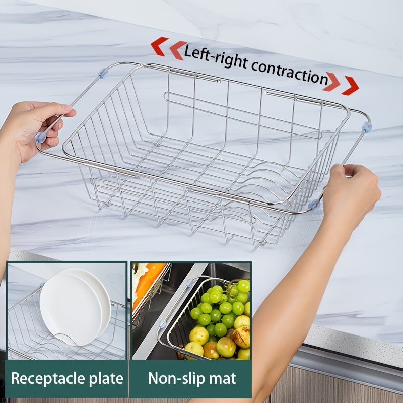 1pc Drain Rack; Drain Basket; Stainless Steel Kitchen Basket; Home Utensil Holder; Sink Basket; Retractable Sink Rack Suitable For Rectangular Sink Bowl Plate Organizer Storage