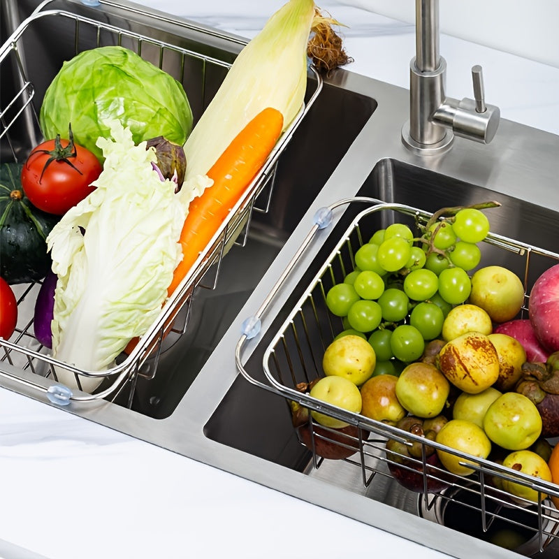 1pc Drain Rack; Drain Basket; Stainless Steel Kitchen Basket; Home Utensil Holder; Sink Basket; Retractable Sink Rack Suitable For Rectangular Sink Bowl Plate Organizer Storage