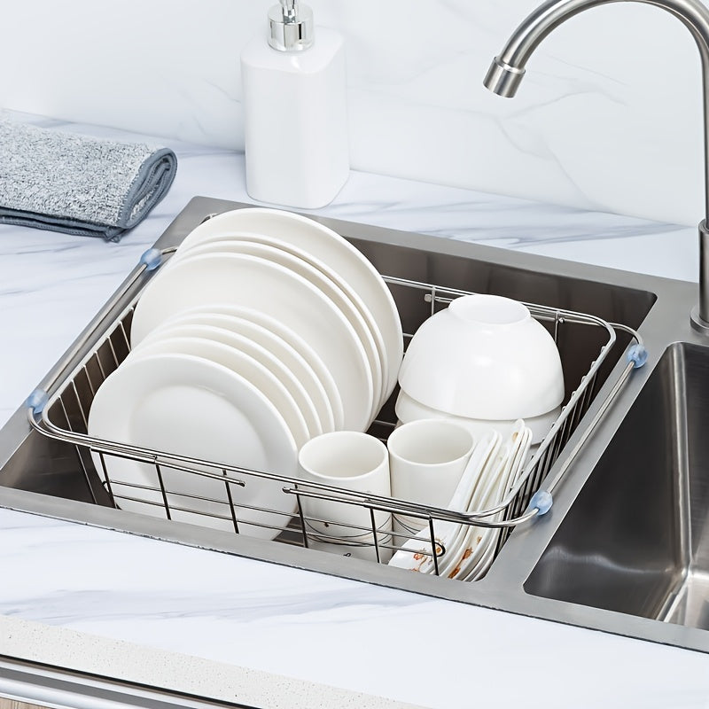 1pc Drain Rack; Drain Basket; Stainless Steel Kitchen Basket; Home Utensil Holder; Sink Basket; Retractable Sink Rack Suitable For Rectangular Sink Bowl Plate Organizer Storage