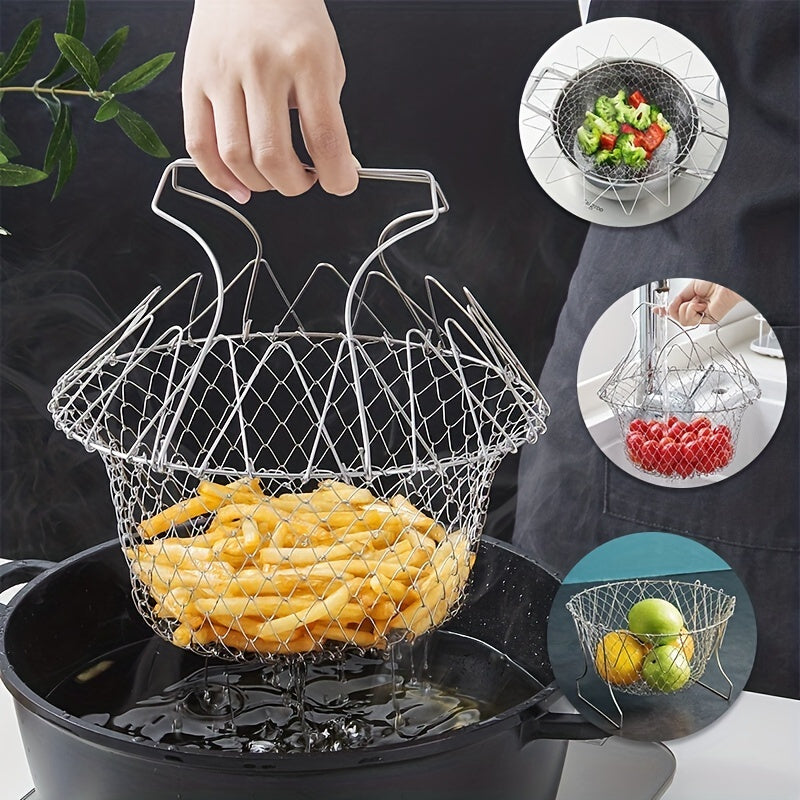 1pc; Frying Basket; Stainless Steel Frying Basket; Kitchen Foldable Steam Rinse Strain; Household Fry Basket Strainer; Kitchen Cooking Tool For Fried Food