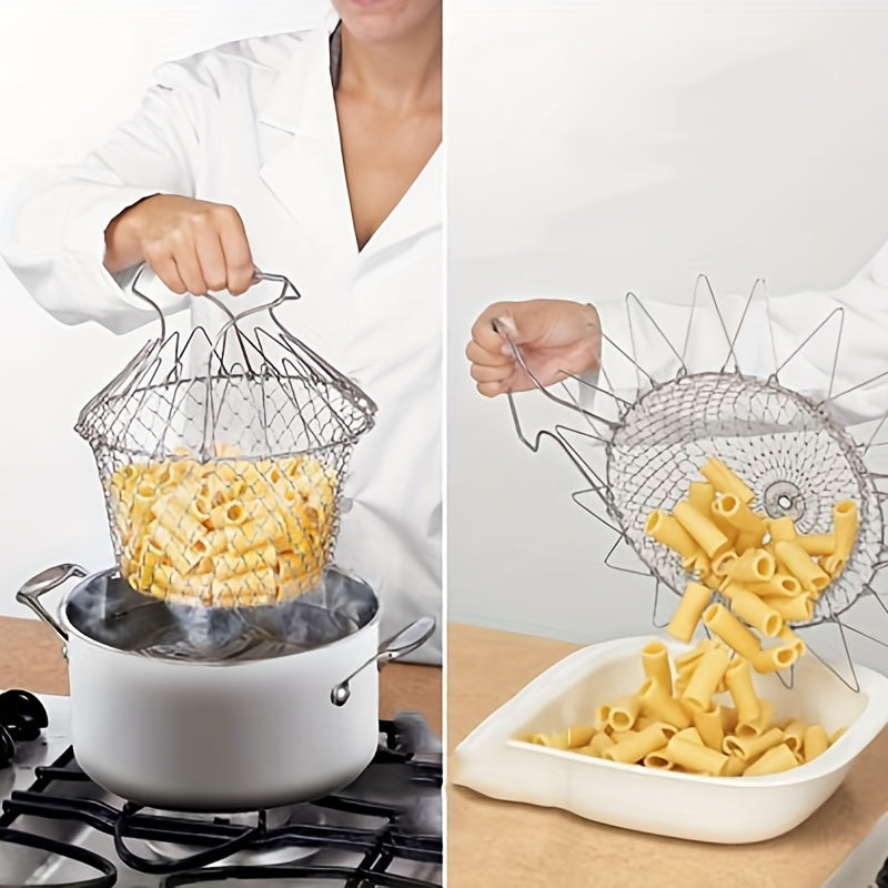 1pc; Frying Basket; Stainless Steel Frying Basket; Kitchen Foldable Steam Rinse Strain; Household Fry Basket Strainer; Kitchen Cooking Tool For Fried Food