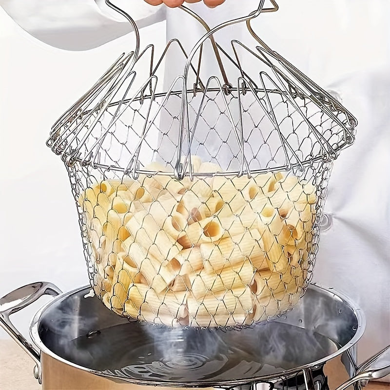 1pc; Frying Basket; Stainless Steel Frying Basket; Kitchen Foldable Steam Rinse Strain; Household Fry Basket Strainer; Kitchen Cooking Tool For Fried Food